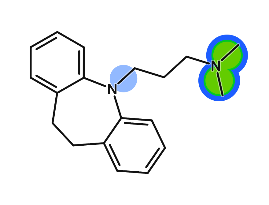 Imipramine with its two N-methyl groups highlighted as predicted sites of N-dealkylation.