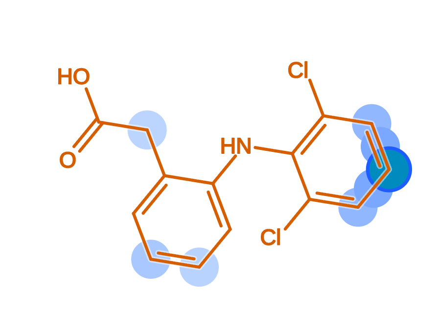 Diclofenac with predicted sites of stable oxygenation highlighted.