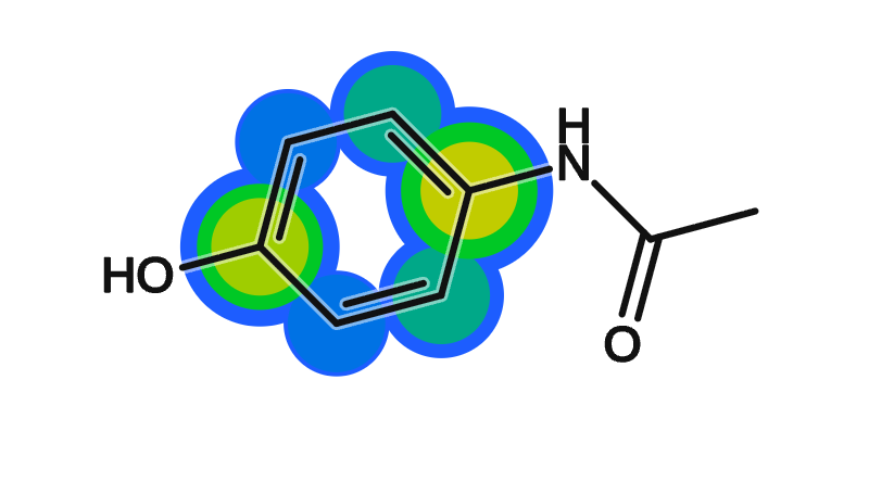 Acetaminophen with a heat map over the ring showing predicted sites of quinone formation.