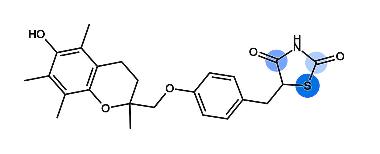 Troglitazone with the thiazolidinedione ring highlighted as the predicted site of reactivity with protein.